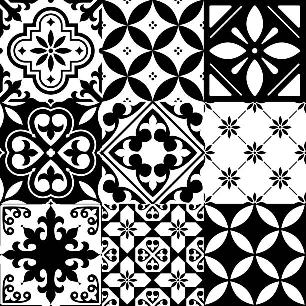 Spanish tiles, Moroccan tiles design, seamless black pattern Repetitive wallpaper background inspired by ceramic tiles from Spain or Morocco, mosaic with flowers spanish culture stock illustrations