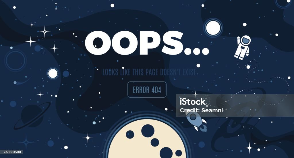 Vector cosmos background design Vector flat cosmos design background with Error 404, page not found text. Cute template with Astronaut, Spaceship, Rocket, Moon, Black Hole, Stars in Outer space Outer Space stock vector