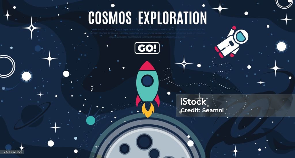 Vector flat cosmos design background Vector flat cosmos design background with text. Cute template with Astronaut, Spaceship, Rocket, Moon, Black Hole, Stars in Outer space Rocketship stock vector
