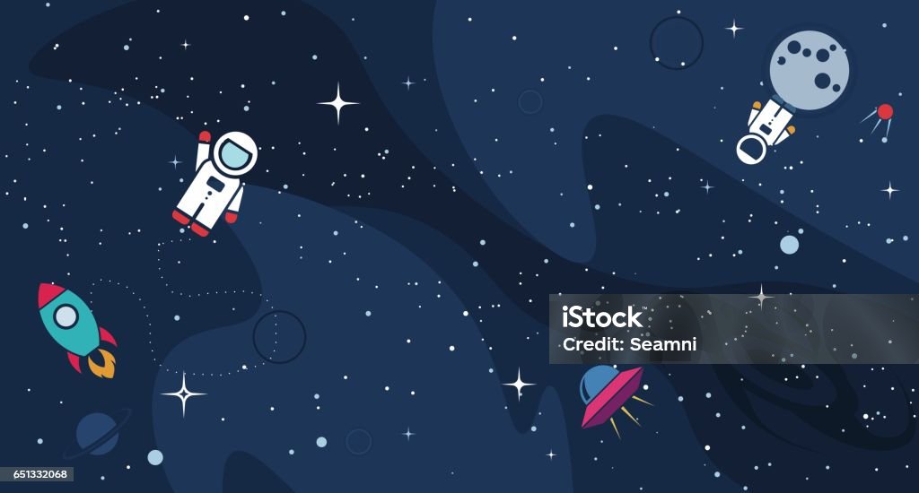 Vector flat cosmos design background Vector flat cosmos design background. Cute template with Astronaut, Spaceship, Rocket, Moon, Black Hole, Stars in Outer space Outer Space stock vector
