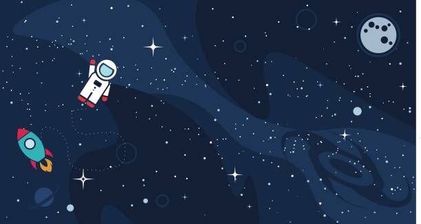 Vector cosmos background design Vector flat space design background with text. Cute template with Astronaut, Spaceship, Rocket, Moon, Black Hole, Stars in Outer space astronaut backgrounds stock illustrations