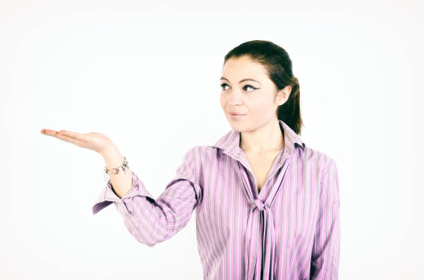 Young woman, Women, Woman only, Young adults, Presntation, Copyspace, White background.\n