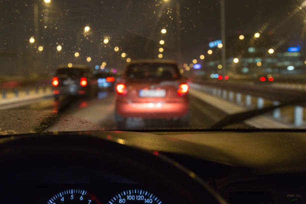 istock Driving a car in a bad weather, in traffic jam 651338044