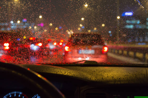 istock Driving a car in a bad weather, in traffic jam 651338442