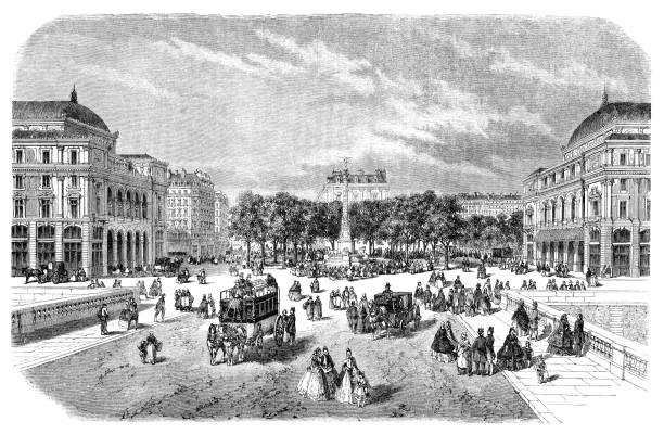 Steel engraving Place du Chatelet, Paris