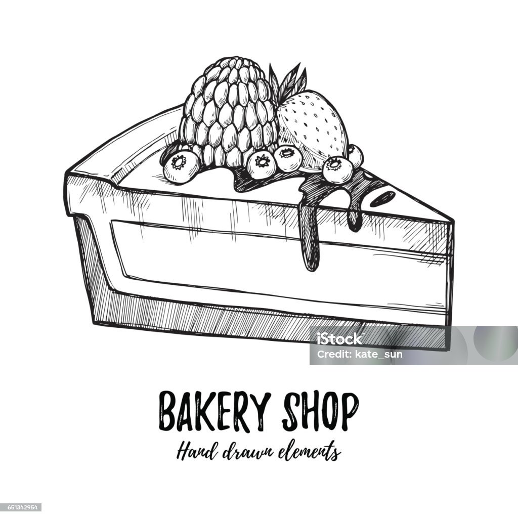 Hand drawn vector illustration - sweet cake with raspberry, strawberry and blueberry. Design element in sketch style. Perfect for menu, cards, blogs, banners Bakery stock illustration