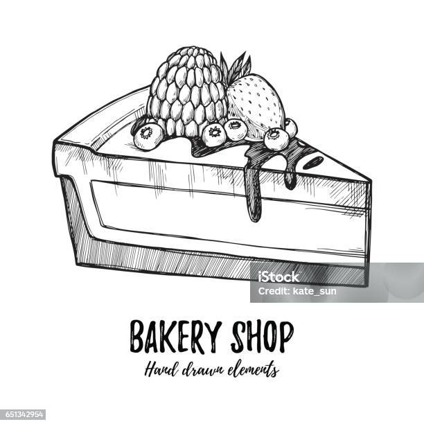Hand Drawn Vector Illustration Sweet Cake With Raspberry Strawberry And Blueberry Design Element In Sketch Style Perfect For Menu Cards Blogs Banners Stock Illustration - Download Image Now