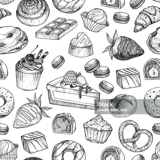 Hand Drawn Vector Seamless Pattern Collection Of Goodies Sweets Cakes And Pastries Background In Sketch Style For Confectionery And Bakery Shops Perfect For Menu Cards Blogs Banners Flyers Etc Stock Illustration - Download Image Now