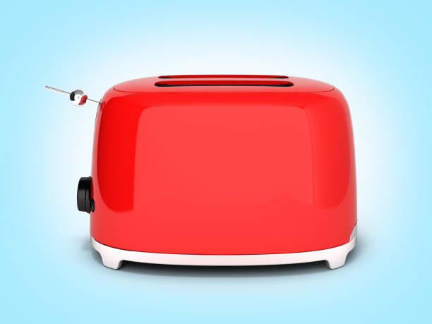 red retro toaster side view on blue gradient background 3d - toaster imagens e fotografias de stock