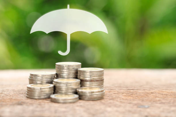 istock Coverage, insurance or Protection concept, Stacks and heaps of coins, umbrella nature background 651348912