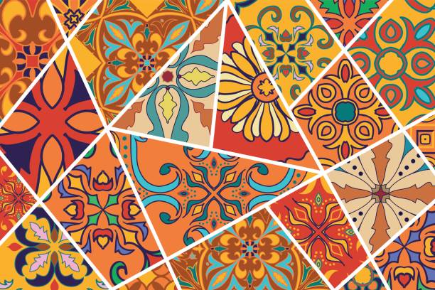 stockillustraties, clipart, cartoons en iconen met vector decoratieve achtergrond. mozaïek patchwork patroon voor design en mode - spaanse cultuur