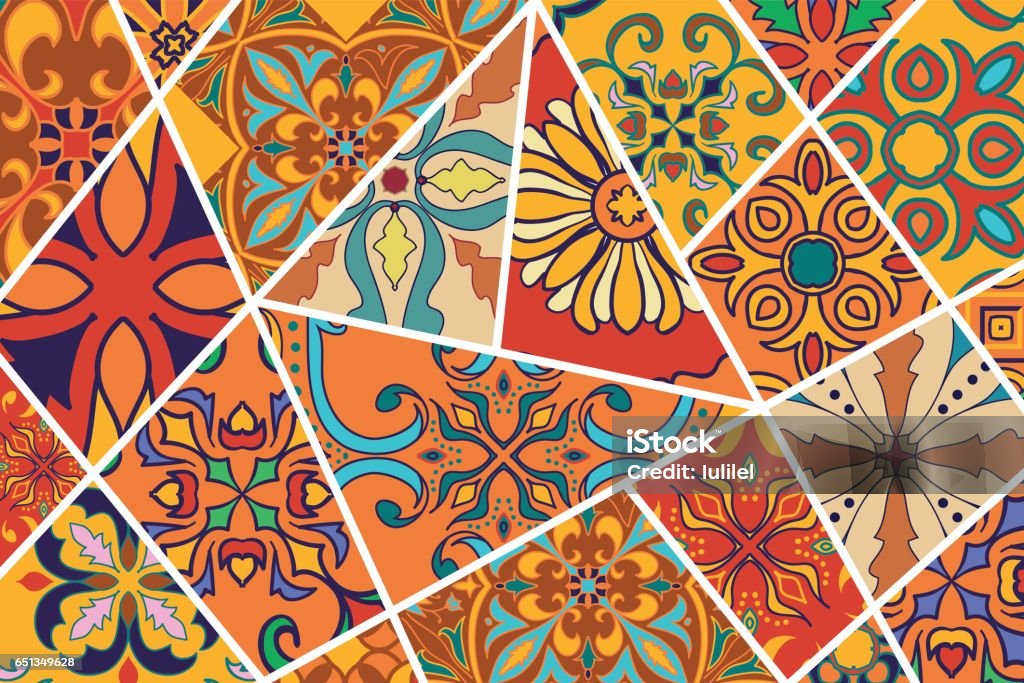 Decorativas de fundo Vector. Padrão de mosaico dos retalhos de design e moda - Vetor de Cultura Espanhola royalty-free