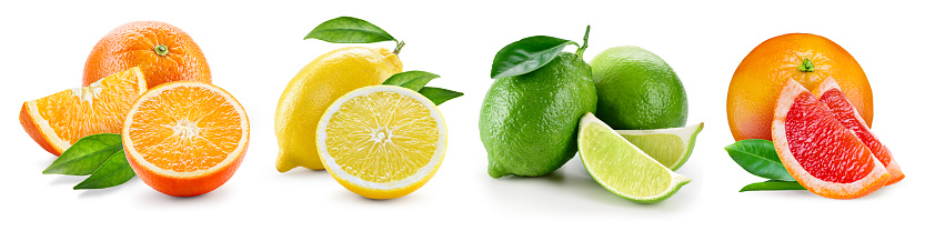 Fruit compositions with leaves isolated on white background. Orange, lemon, lime, grapefruit. Collection.