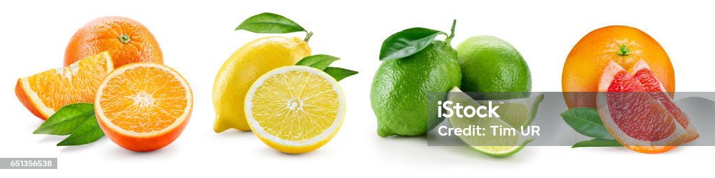 Fruit compositions with leaves isolated on white background. Orange, lemon, lime, grapefruit. Collection. Lemon - Fruit Stock Photo