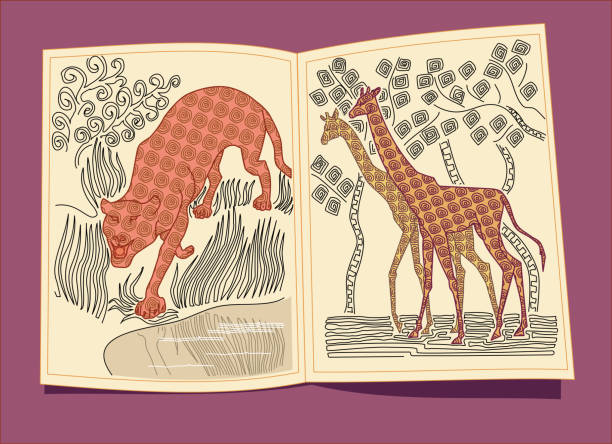 On the left side a roaring leopard walks near the pond. On the right side a couple of giraffes walks under treetops. The picture placed in a stylized book.This illustration can be used in the book for children or adult about African nature. en el lado izquierdo un leopardo rugiente camina cerca de la charca. a la derecha un par de jirafas camina bajo las copas de los árboles. la imagen colocada en un libro estilizado. esta ilustración puede utilizarse en el libro para niños o adultos acerca de la naturaleza africana.