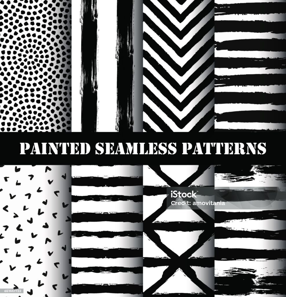 Painted Pattern Set Painted Patterns. Grunge brush strokes stripes, chevron, round ornament. Distress texture backgrounds. Hand drawn black white textured design elements. Grungy scratch effect painting wallpapers vector Seamless Pattern stock vector