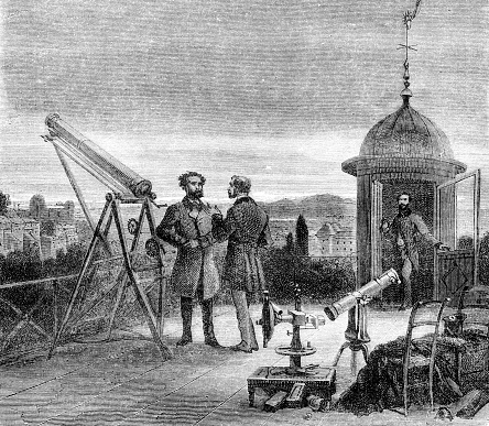 Steel engraving Astronomer with telescope watching nightsky over Paris 1868