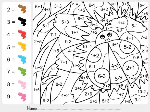 ilustrações de stock, clip art, desenhos animados e ícones de paint color by numbers - addition and subtraction worksheet for education - childs game