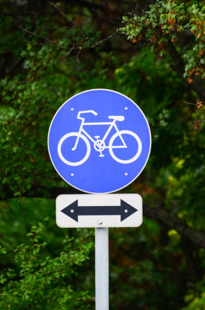 istock Bicycle sign in park with arrow in both directions 651470530