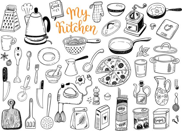 küchenutensilien, sachen kochen hand gezeichnete skizze set, sammlung von lustigen isoliert vektor kritzeleien. - salatsieb stock-grafiken, -clipart, -cartoons und -symbole