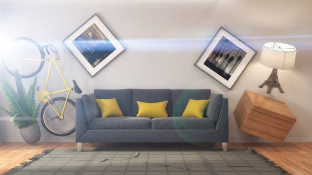 istock Zero Gravity furniture hovering in living room. 3D Illustration 651511780