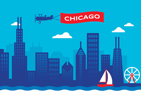 Chicago city skyline illustration including major landmarks and view of the lakefront.