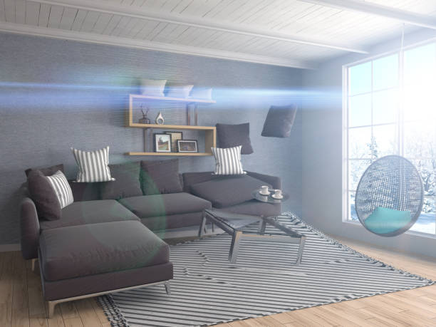 istock Zero Gravity furniture hovering in living room. 3D Illustration 651546766