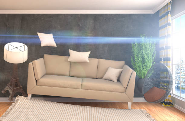 istock Zero Gravity furniture hovering in living room. 3D Illustration 651547470