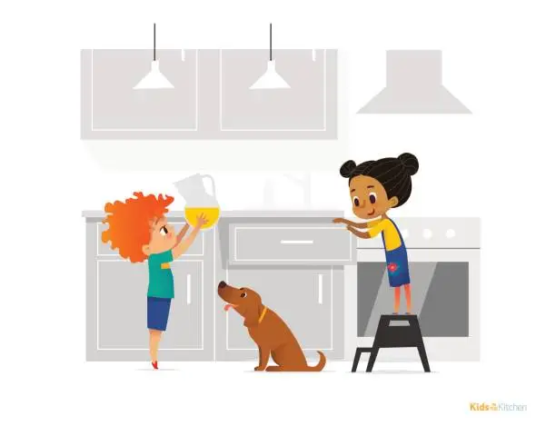 Vector illustration of Two kids cooking morning breakfast in kitchen. Girl in apron standing on stool, boy putting pitcher with juice on table and dog. Obedient children concept. Vector illustration for banner, website.
