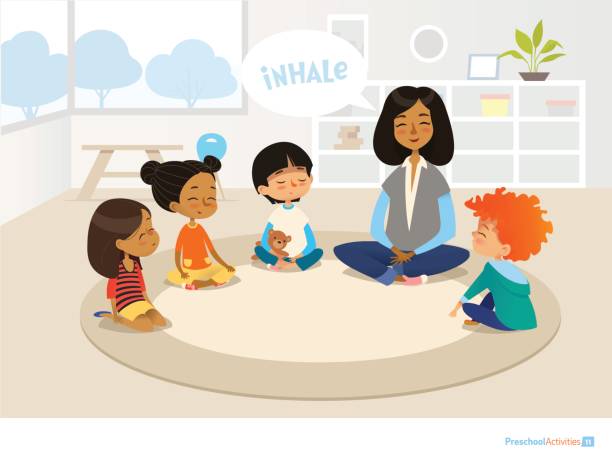 Smiling kindergarten teacher and children sitting in circle and meditating. Preschool activities and early childhood education concept. Vector illustration for banner, website, poster, advertisement. Smiling kindergarten teacher and children sitting in circle and meditating. Preschool activities and early childhood education concept. Vector illustration for banner, website, poster, advertisement. teacher clipart stock illustrations