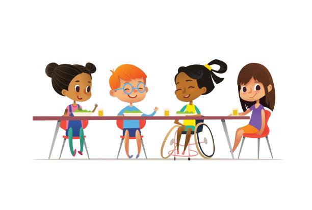Girl in wheelchair sitting at table in canteen and talking to her friends. Happy multiracial kids having lunch. School inclusion concept. Vector illustration for website, advertisement, poster, flyer. Girl in wheelchair sitting at table in canteen and talking to her friends. Happy multiracial kids having lunch. School inclusion concept. Vector illustration for website, advertisement, poster, flyer. eating breakfast stock illustrations