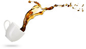 coffee spilling out of a coffee cup on white background