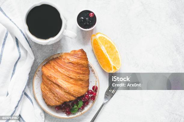 Croissant With Coffee Jam And Fruits Top View Stock Photo - Download Image Now - Breakfast, Directly Above, Above