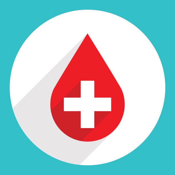 Red Drop Icon First Aid Donate Blood Sign Donate drop blood red sign with white plus on circular icon. Flat long shadow style. Vector illustration a graphic element for design donors choose stock illustrations