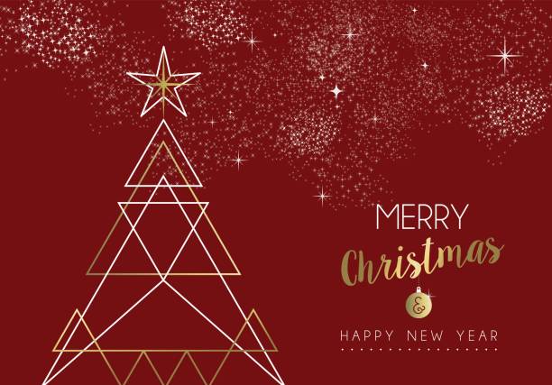 Merry christmas happy new year deco tree outline Merry christmas happy new year gold pine tree design in art deco outline style. Ideal for xmas greeting card or holiday poster. EPS10 vector. 2016 stock illustrations