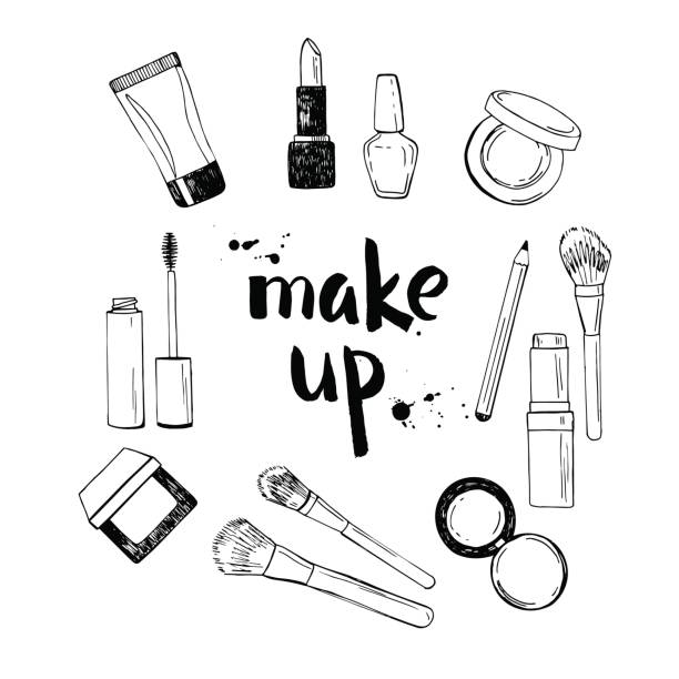 Black an dwhite make up hand drawn illustration Black and white hand drawn illustration of make up tools.Lipstick, nail polish, make up brushes, eye shadow, blush, mascara, cream. Vector illustration. makeup primer illustrations stock illustrations