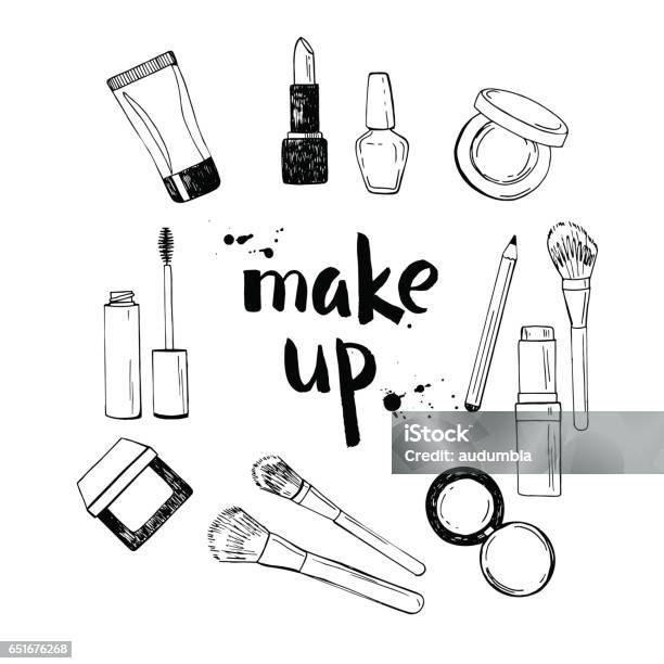 Black An Dwhite Make Up Hand Drawn Illustration Stock Illustration - Download Image Now - Make-Up, Illustration, Beauty Product