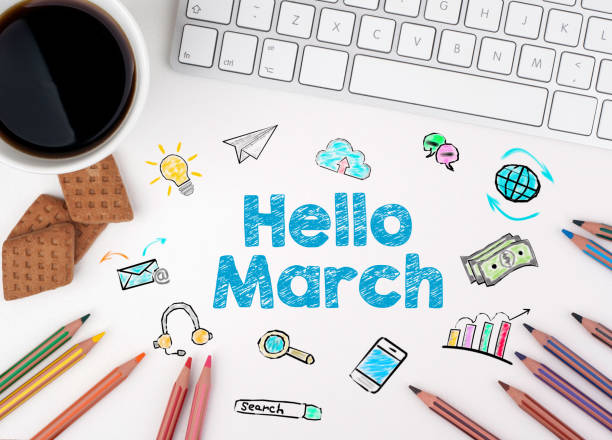 istock Hello March, Business concept. White office desk 651691234
