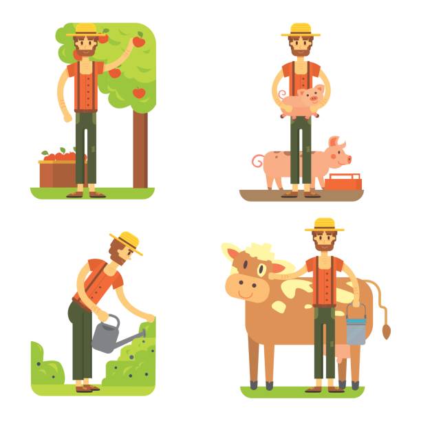 фермеров, использующих сельскохозяйственные инструменты. установить иллюстрацию вектора фермера - corn stubble illustrations stock illustrations