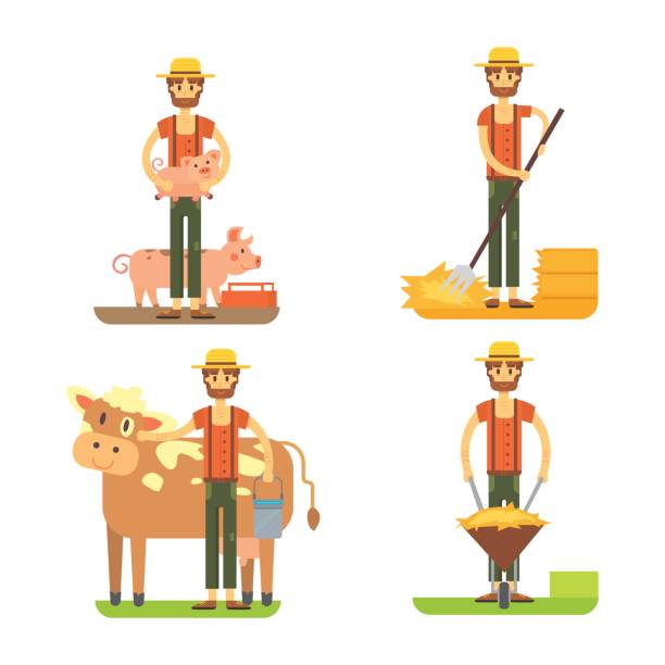 фермеров, использующих сельскохозяйственные инструменты. установить иллюстрацию вектора фермера - corn stubble illustrations stock illustrations
