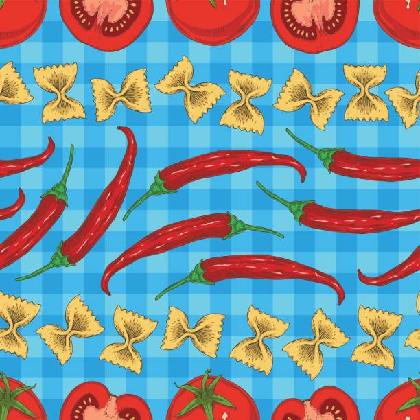 illustrazioni stock, clip art, cartoni animati e icone di tendenza di motivo senza cuciture pasta, pomodori e peperoncino - food lunch vegetable pattern