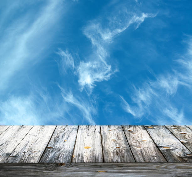 istock Clear blue sky and wooden floor 651745732