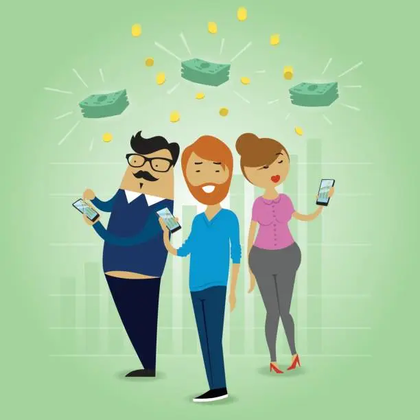 Vector illustration of Peoples making money online with gadgets successfully