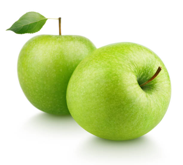 fruits mûrs pomme verte feuille d’isolé sur blanc - granny smith apple photos et images de collection