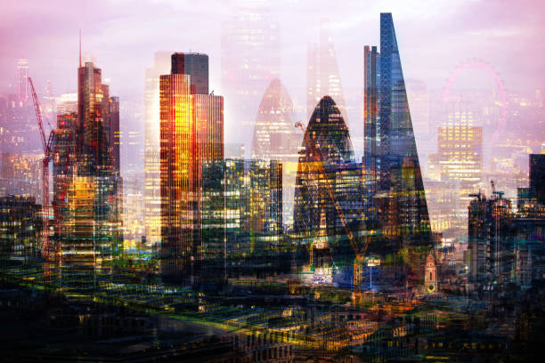 City of London at night. Multiple exposure image of financial and banking aria