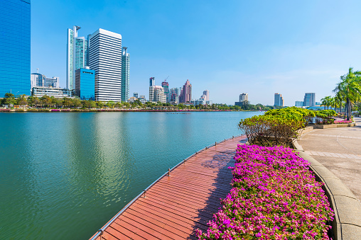 Lakeside view of Benjakitti park in Bangkok