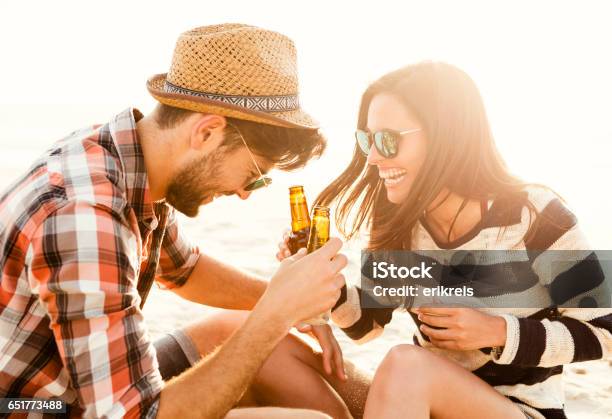 Couple Having Great Time Together Stock Photo - Download Image Now - Beer - Alcohol, Couple - Relationship, Beach