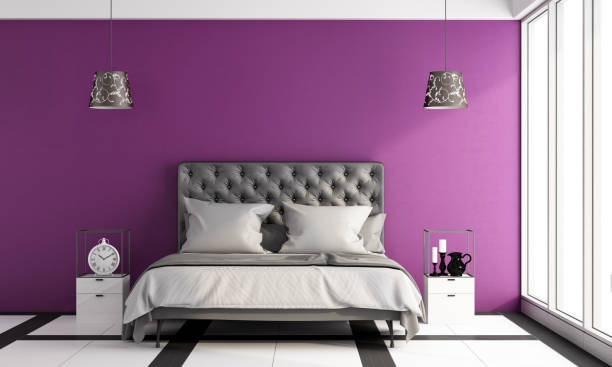 moderne chambre à coucher principale - bedding cushion purple pillow photos et images de collection