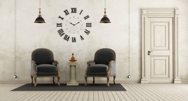 Retro living room with two black armchair,