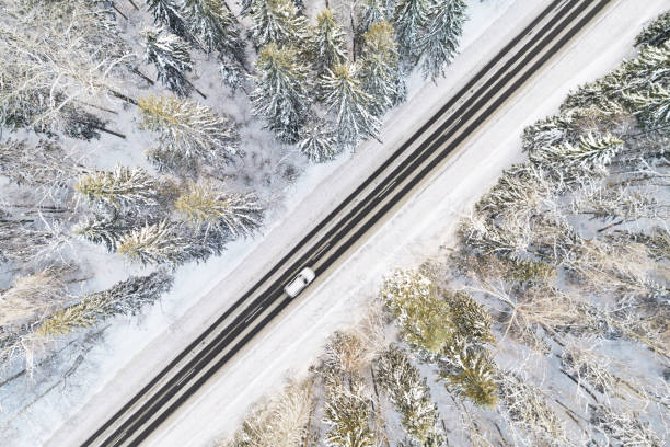 istock Aerial view of road in winter forest 651783680